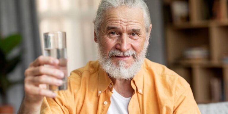 Elderly Man Holding Glass of Water and Smiling at Assisted Living Facility